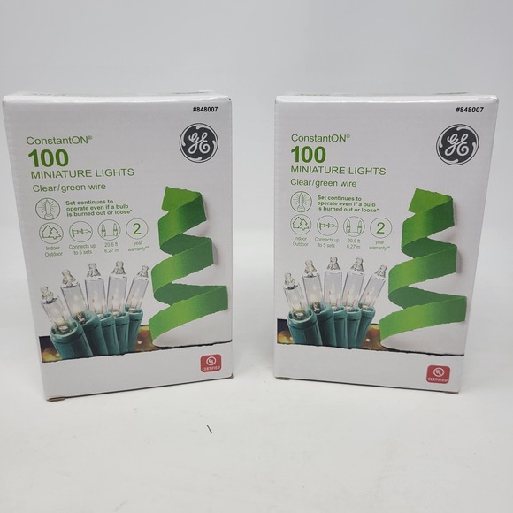 2 New GE 100 Mini Lights ConstantOn, Clear Lamps on Green Wire Christmas NEW - Picture 1 of 3